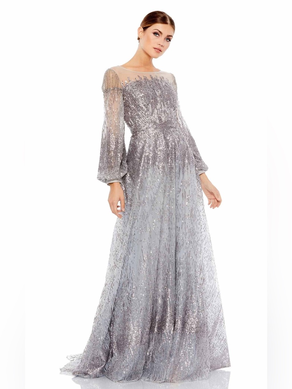 Mac Duggal New Jewel Encrusted Illusion Long Sleeve Gown In Platinum Sz 12 $798